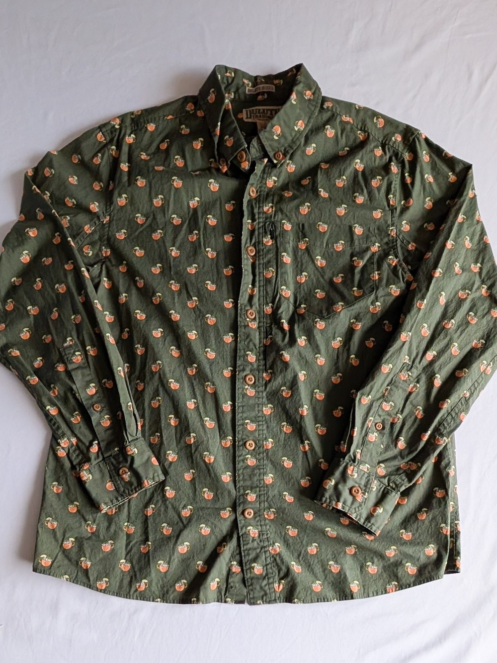 Duluth Untucked Shirt Green Moscow Mule Print Slim Fit Button Down Mens Sz Large
